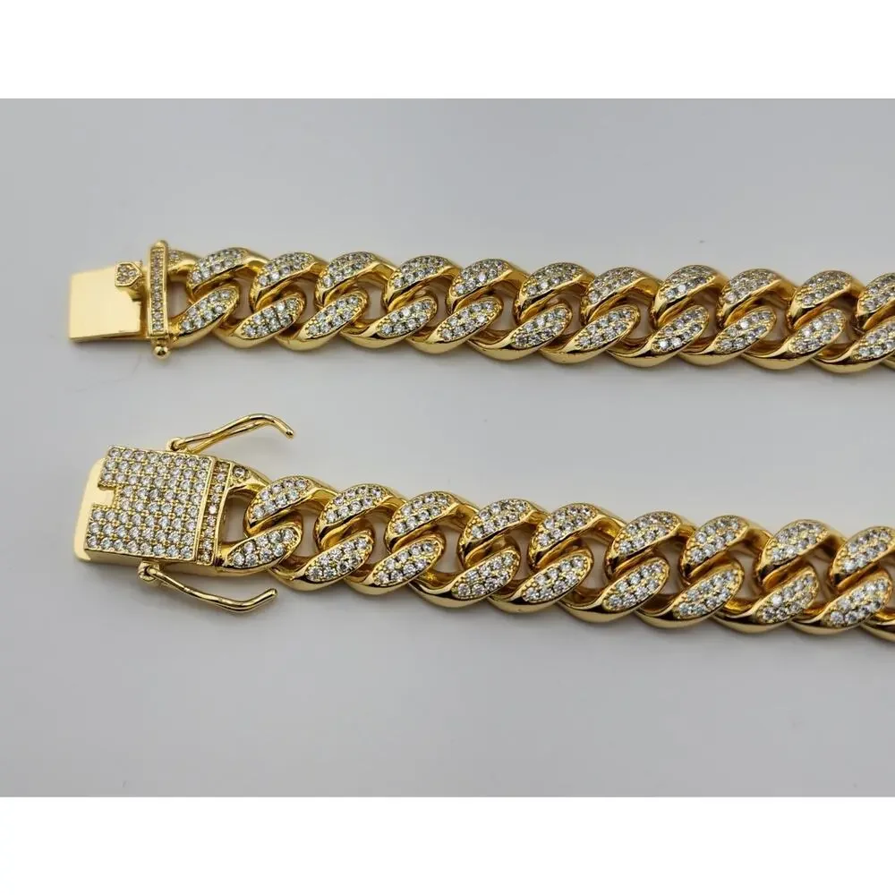 18K Gold IP Plated, Stainless Steel, CZ Cuban Curb Chain Necklace, 10MM 18" - Picture 3 of 6